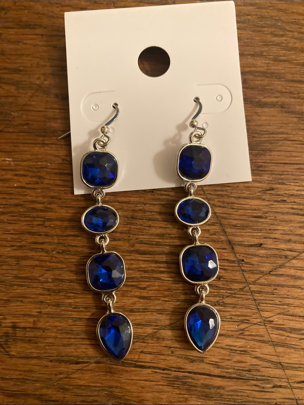 Sapphire Blue Crystal & Silver Tone Dangle Earrings NWT